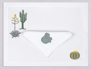 White linen placemat and napkin set embroidered with green cactuses, 100% European linen, handcrafted by Plein Soleil.