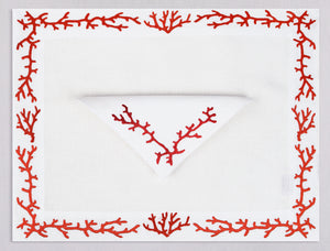 White linen placemat and napkin set embroidered with red coral frame, 100% European linen, handcrafted by Plein Soleil.