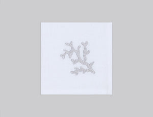 White linen napkin set embroidered with silver corals, 100% European linen, handcrafted by Plein Soleil.