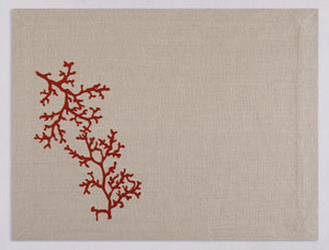 Natural beige linen placemat and napkin set embroidered with red corals, 100% European linen, handcrafted by Plein Soleil.