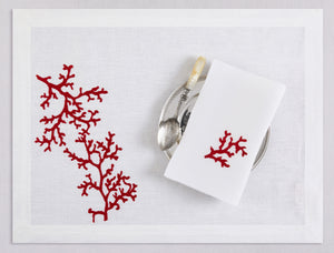 White linen placemat and napkin set embroidered with red corals, 100% European linen, handcrafted by Plein Soleil.