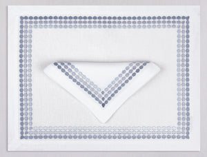 White linen placemat and napkin set embroidered with gray diamond frame border, 100% European linen, handcrafted by Plein Soleil.
