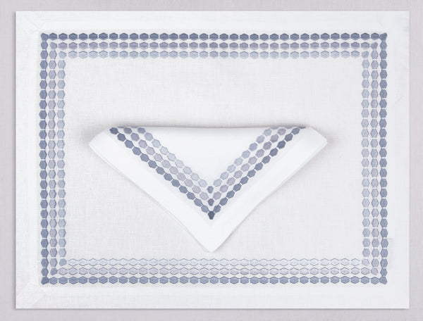 White linen placemat and napkin set embroidered with gray diamond frame border, 100% European linen, handcrafted by Plein Soleil.