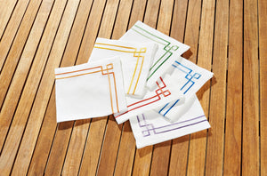White linen cocktail napkin set embroidered with greek key motif border, 100% European linen, handcrafted by Plein Soleil.