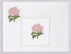 White linen placemat and napkin set embroidered with pink hydragea, 100% European linen, handcrafted by Plein Soleil.