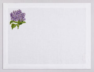 White linen placemat and napkin set embroidered with purple hydragea, 100% European linen, handcrafted by Plein Soleil.