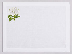 White linen placemat and napkin set embroidered with white hydragea, 100% European linen, handcrafted by Plein Soleil.