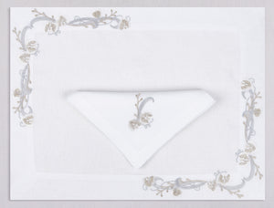 White linen placemat and napkin set embroidered with silver and gold ikebana, 100% European linen, handcrafted by Plein Soleil.