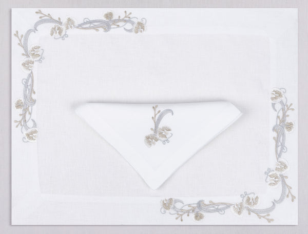 White linen placemat and napkin set embroidered with silver and gold ikebana, 100% European linen, handcrafted by Plein Soleil.