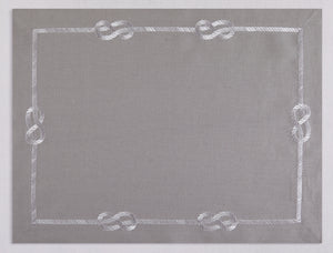Gray linen placemat and napkin set embroidered with silver sailor's knot, 100% European linen, handcrafted by Plein Soleil.
