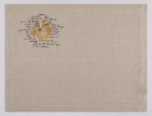 Natural beige linen placemat and napkin set embroidered with ivory nautilus, 100% European linen, handcrafted by Plein Soleil.