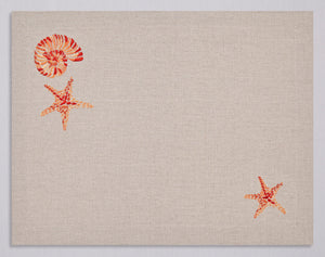 Natural beige linen placemat and napkin set embroidered with orange starfish and nautilus, 100% European linen, handcrafted by Plein Soleil.