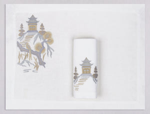 White linen placemat and napkin set embroidered with silver and gold pagoda, 100% European linen, handcrafted by Plein Soleil.