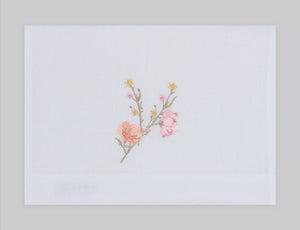 Flower blossom embroidered linen guest towel in light pink thread. 100% European linen, set of 4, 12x20 inches.