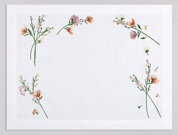 White linen placemat and napkin set embroidered with dark pink flowers, 100% European linen, handcrafted by Plein Soleil.