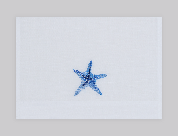 Starfish embroidered linen guest towel in light blue thread. 100% European linen, set of 4, 12x20 inches.