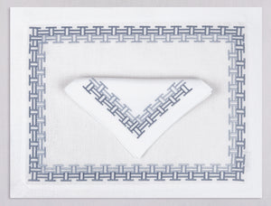 White linen placemat and napkin set embroidered with gray versa geometric border, 100% European linen, handcrafted by Plein Soleil.