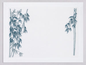 White linen placemat and napkin set embroidered with blue bamboo shoots, 100% European linen, handcrafted by Plein Soleil.