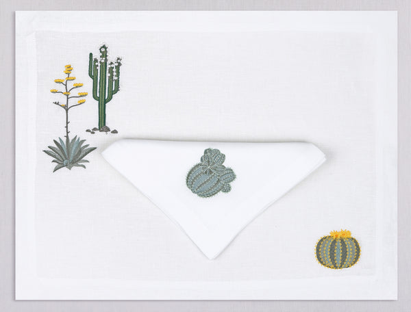 White linen placemat and napkin set embroidered with green cactuses, 100% European linen, handcrafted by Plein Soleil.