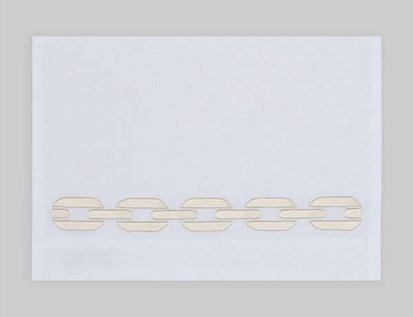 Chain embroidered linen guest towel in gold thread. 100% European linen, set of 4, 12x20 inches.