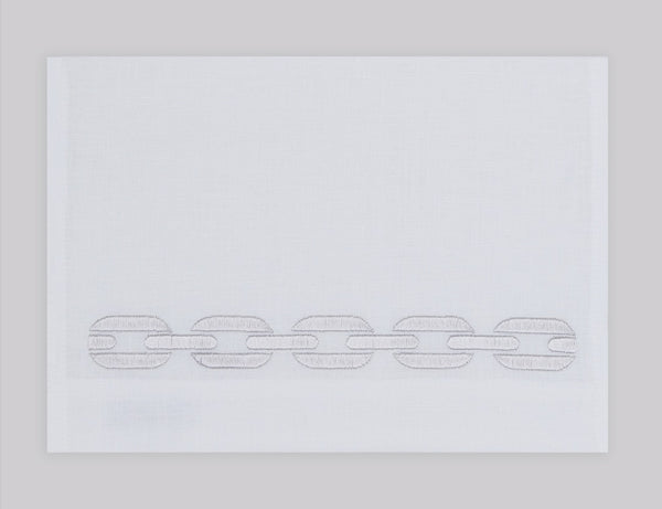 Chain embroidered linen guest towel in silver thread. 100% European linen, set of 4, 12x20 inches.