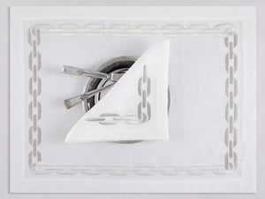 White linen placemat and napkin set embroidered with silver chain motif border, 100% European linen, handcrafted by Plein Soleil.