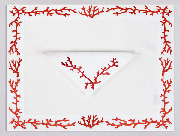 White linen placemat and napkin set embroidered with red coral frame, 100% European linen, handcrafted by Plein Soleil.