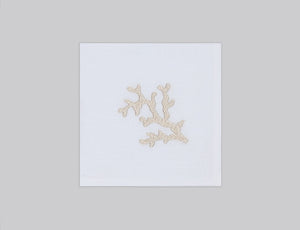 White linen napkin set embroidered with gold corals, 100% European linen, handcrafted by Plein Soleil.
