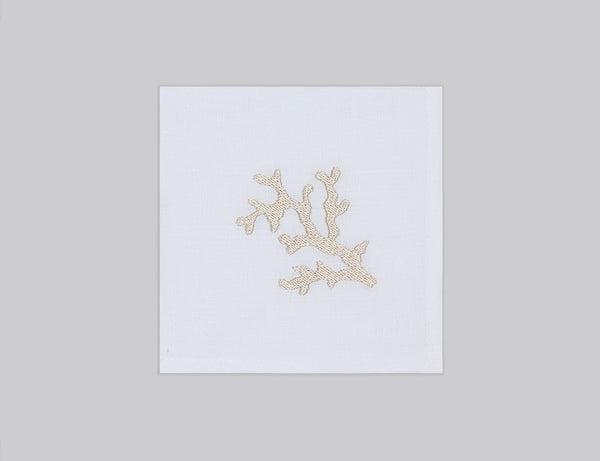 White linen napkin set embroidered with gold corals, 100% European linen, handcrafted by Plein Soleil.