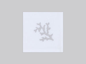 White linen napkin set embroidered with silver corals, 100% European linen, handcrafted by Plein Soleil.