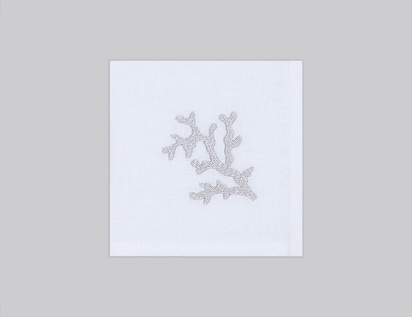 White linen napkin set embroidered with silver corals, 100% European linen, handcrafted by Plein Soleil.