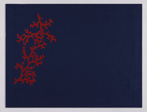 Navy linen placemat and napkin set embroidered with red corals, 100% European linen, handcrafted by Plein Soleil.