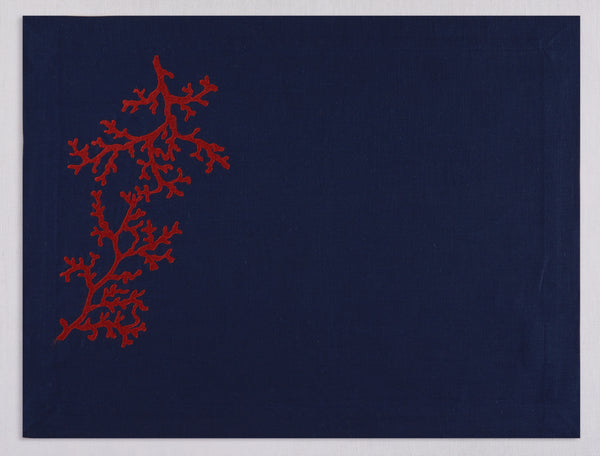 Navy linen placemat and napkin set embroidered with red corals, 100% European linen, handcrafted by Plein Soleil.