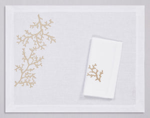 White linen placemat and napkin set embroidered with gold corals, 100% European linen, handcrafted by Plein Soleil.