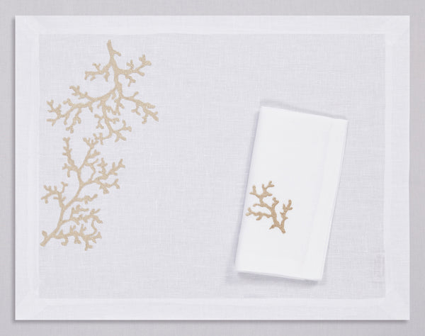 White linen placemat and napkin set embroidered with gold corals, 100% European linen, handcrafted by Plein Soleil.