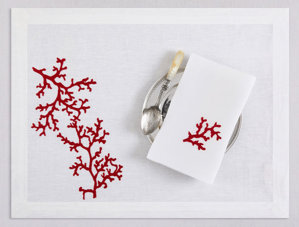 White linen placemat and napkin set embroidered with red corals, 100% European linen, handcrafted by Plein Soleil.