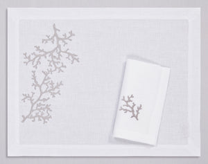White linen placemat and napkin set embroidered with silver corals, 100% European linen, handcrafted by Plein Soleil.