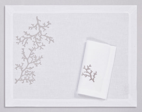 White linen placemat and napkin set embroidered with silver corals, 100% European linen, handcrafted by Plein Soleil.