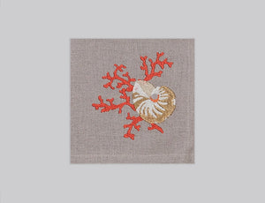 Natural beige linen napkin set embroidered with red coral and ivory shell, 100% European linen, handcrafted by Plein Soleil.