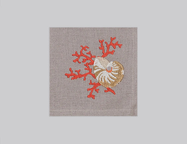 Natural beige linen napkin set embroidered with red coral and ivory shell, 100% European linen, handcrafted by Plein Soleil.