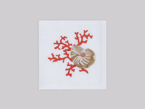 White linen napkin set embroidered with red coral and ivory shell, 100% European linen, handcrafted by Plein Soleil.