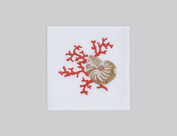 White linen napkin set embroidered with red coral and ivory shell, 100% European linen, handcrafted by Plein Soleil.