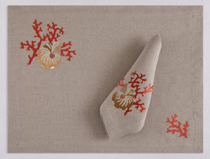 Natural beige linen placemat and napkin set embroidered with red coral and ivory shell, 100% European linen, handcrafted by Plein Soleil.