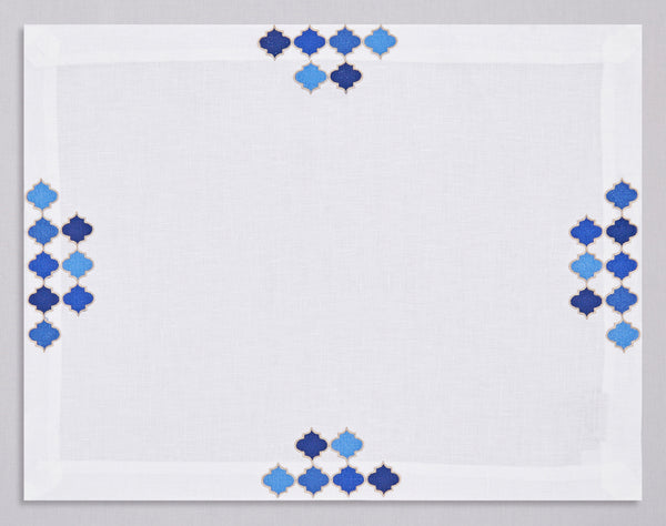 White linen placemat and napkin set embroidered with blue damas motif, 100% European linen, handcrafted by Plein Soleil.