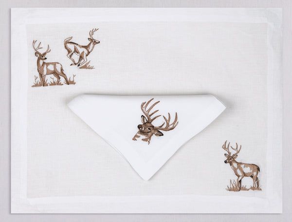 White linen placemat and napkin set embroidered with brown deers, 100% European linen, handcrafted by Plein Soleil.