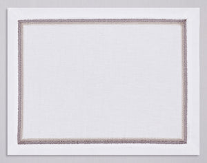 White linen placemat and napkin set embroidered with beige fluffy frame border, 100% European linen, handcrafted by Plein Soleil.