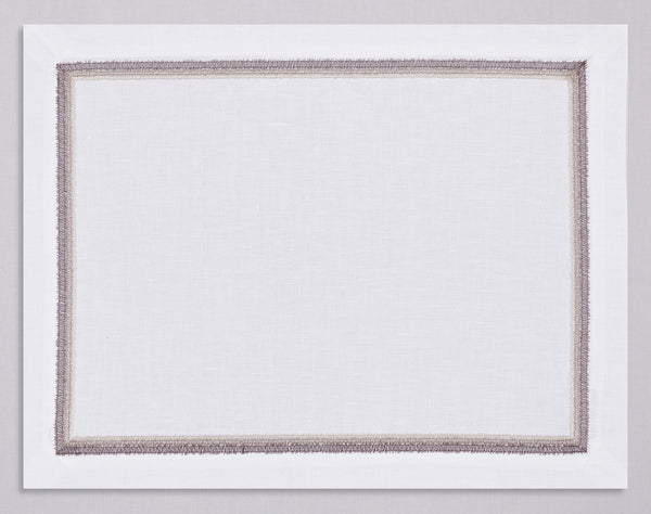 White linen placemat and napkin set embroidered with beige fluffy frame border, 100% European linen, handcrafted by Plein Soleil.