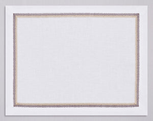 White linen placemat and napkin set embroidered with brown and gold fluffy frame border, 100% European linen, handcrafted by Plein Soleil.