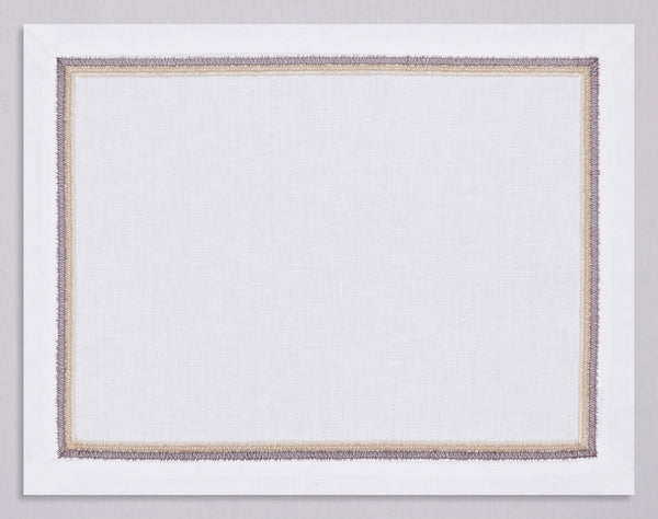 White linen placemat and napkin set embroidered with brown and gold fluffy frame border, 100% European linen, handcrafted by Plein Soleil.