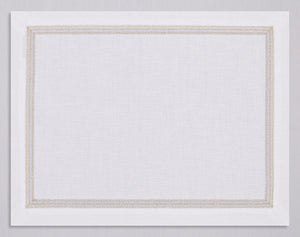 White linen placemat and napkin set embroidered with gold and silver fluffy frame border, 100% European linen, handcrafted by Plein Soleil.